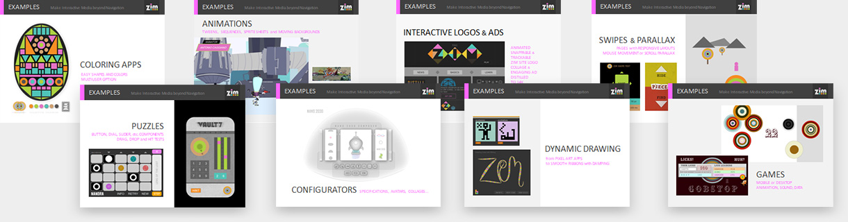 ZIM Features - JavaScript HTML Canvas Interactive Media Framework powered by CreateJS - ZIMjs