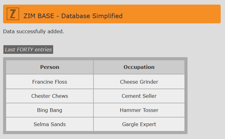 ZIM Base - HTML Database - easy MySQLi Example