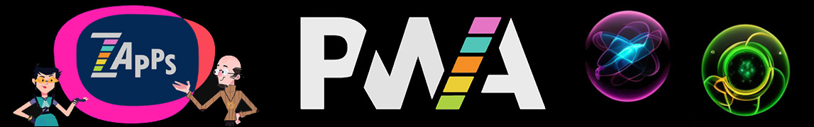 ZIM Zapps logo in blob-like shapes of exciting colors presented by Dr Abstract and Pragma proudly at the sides - also a PWA logo for Progressive Web Apps and two Plasma Point Pods of glowing electric color!