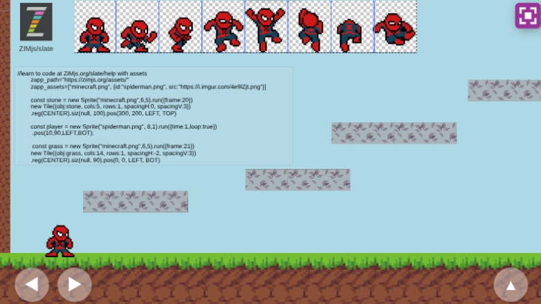 Zapp: Minecraft SpiderMan walks and jump on platforms (minecraft) touch noGame  | ZIM JavaScript Canvas Framework - Code Creativity