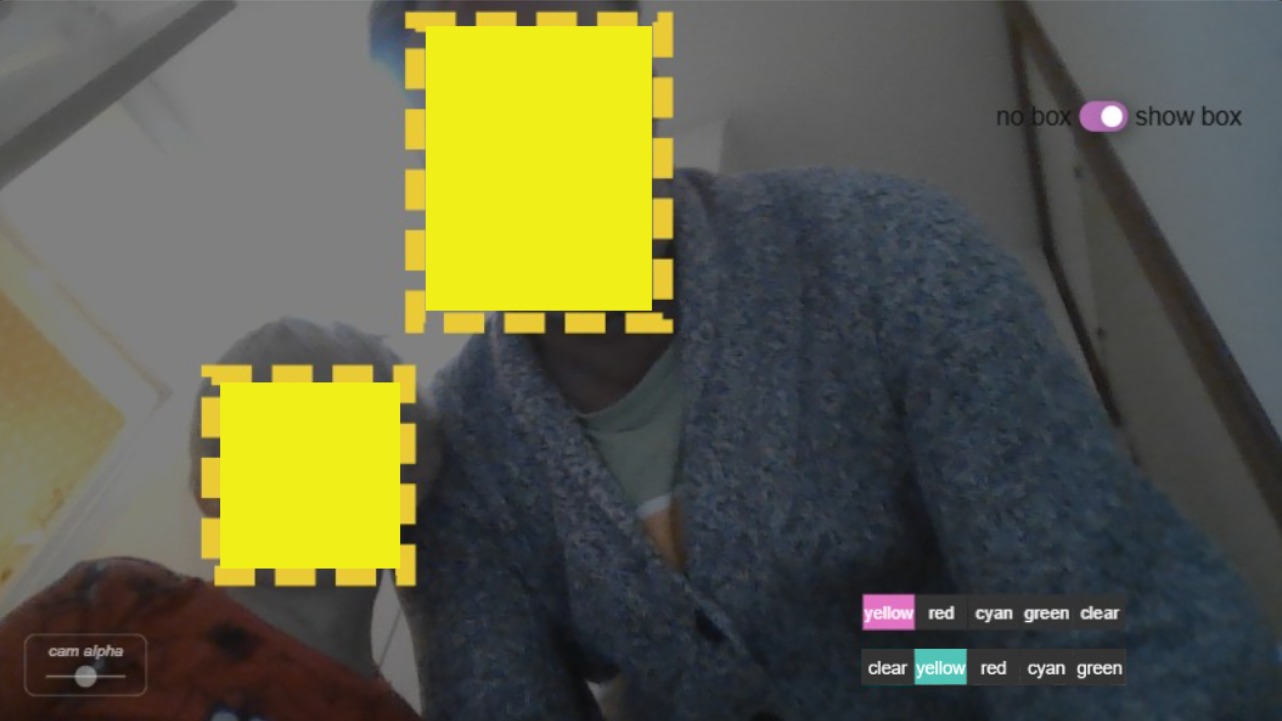 Zapp: Detect ml5js.org 2 Face-box : as original example + choose colors | ZIM JavaScript Canvas Framework - Code Creativity