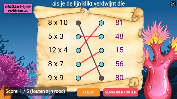 Zapp: Schatkaart maaltafels: willekeurig, kies <10, verbinden 2 kolommen+CHECK | ZIM JavaScript Canvas Framework - Code Creativity