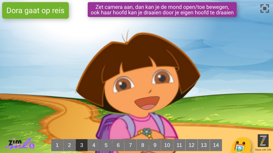 Zapp: 'DORA op achtergronden': draai hoofd + mond open/toe :voor cam=ml5js NL | ZIM JavaScript Canvas Framework - Code Creativity