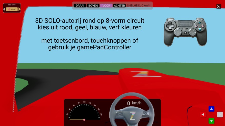Zapp: 3D SOLO-auto 8circuit: .glb transparant + dashboard LINKS +1gamePadleft | ZIM JavaScript Canvas Framework - Code Creativity