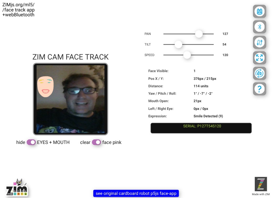 Zapp: cardboard robot face-track ml5js +Bluet. micro:bit brows+lips+facePink | ZIM JavaScript Canvas Framework - Code Creativity