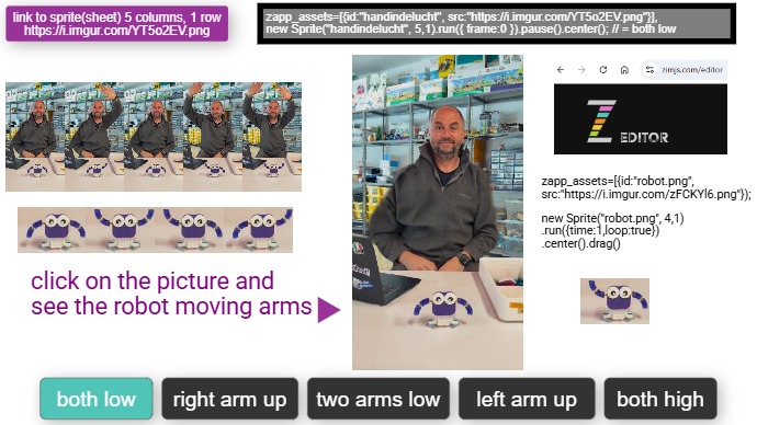 Zapp: Robot purple: how moves when arms arms go up buttons both|left|right|low | ZIM JavaScript Canvas Framework - Code Creativity