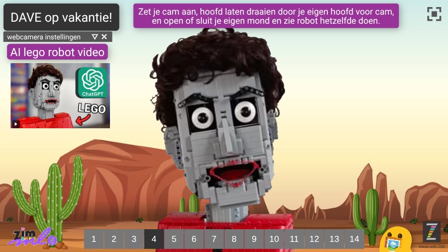 Zapp: 'DAVE op achtergrond': draai hoofd + open/sluit je mond :met cam=ml5js NL | ZIM JavaScript Canvas Framework - Code Creativity