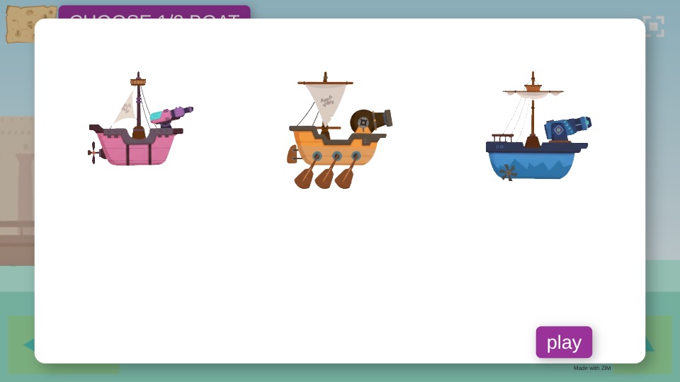 Zapp: dinoPirates(org.)+choose 3boats, and move <arrows> +jump (noShooting) | ZIM JavaScript Canvas Framework - Code Creativity