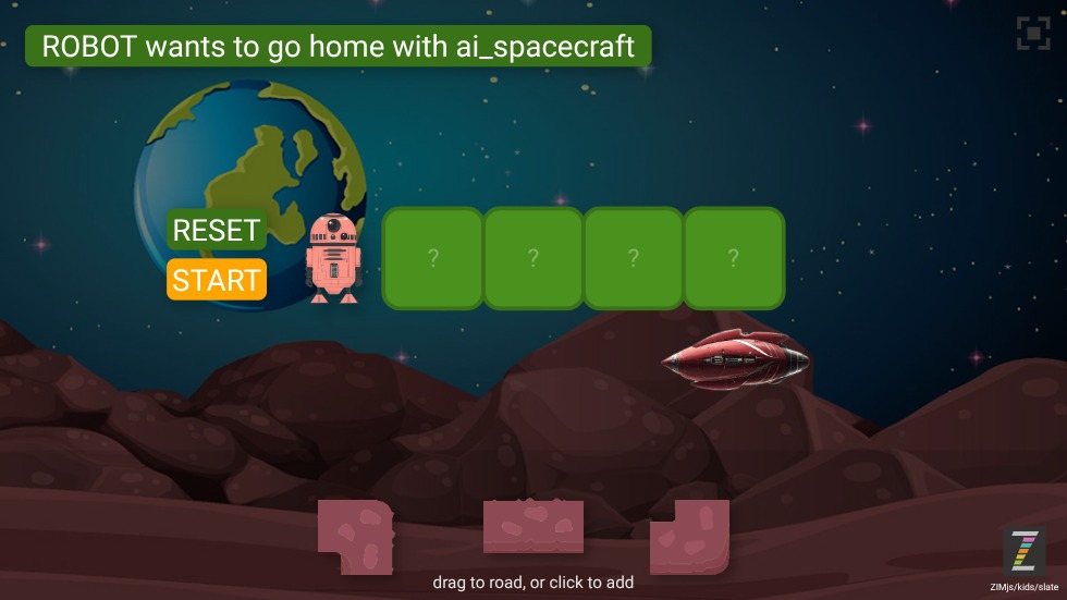 Zapp: Robot in Space: build array path to spacecraft (1level) : drag or click to add | ZIM JavaScript Canvas Framework - Code Creativity