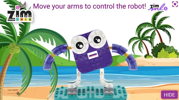 Zapp: RobotLego head+mouth+arms moves in the air: move your arms before cam (beach) | ZIM JavaScript Canvas Framework - Code Creativity