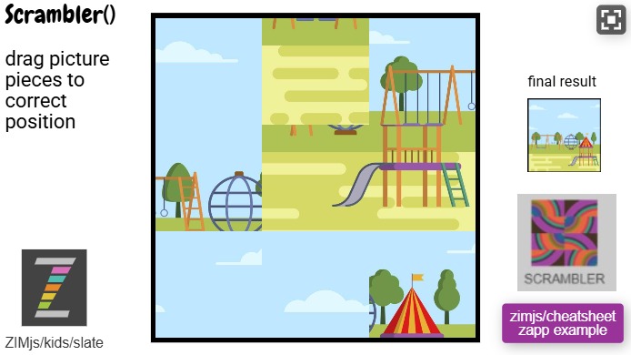 Zapp: ZIM preload Pic(park01.jpg) to chop in rows+columns new Scrambler(chop(pic,3,3) | ZIM JavaScript Canvas Framework - Code Creativity