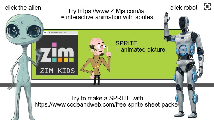 Zapp: sprite Dr. Abstract (Dan Zen) in classroom - with alien + robot Musk | ZIM JavaScript Canvas Framework - Code Creativity