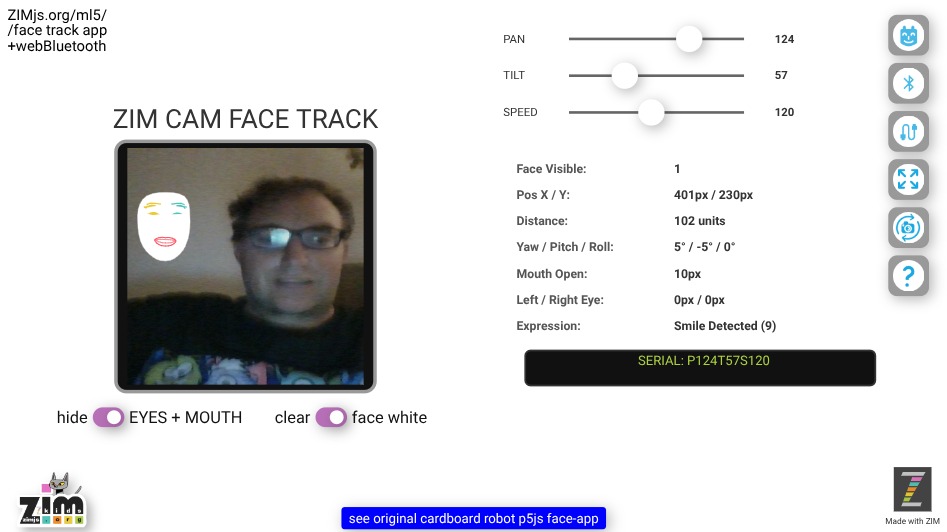 Zapp: cardboard robot face-track ml5js +Bluet. micro:bit brows+lips+faceWhite | ZIM JavaScript Canvas Framework - Code Creativity