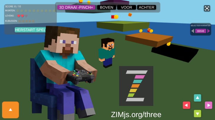 Zapp: Minecraft Steve+M+a-r platform GAME:controller+keys+touch: gras+water | ZIM JavaScript Canvas Framework - Code Creativity