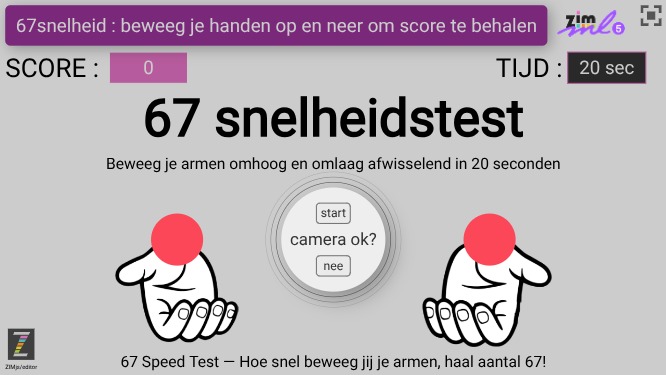 Zapp: 67snelheid: cam-game: zimjs.org/body rode cirkels op/neer+score+timer | ZIM JavaScript Canvas Framework - Code Creativity