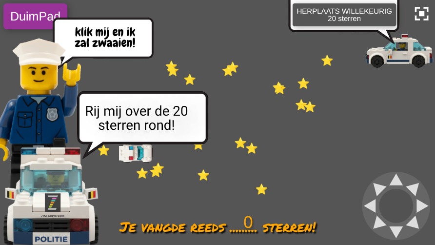 Zapp: DuimPad(): LEGO car/auto rijden binnen boundary:S (stage) axis:all GAMEAF | ZIM JavaScript Canvas Framework - Code Creativity