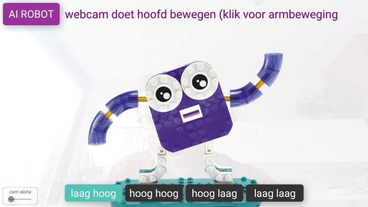 Zapp: RobotLego beweegt armen in de lucht: als jij armen beweegt (-back)+btns  | ZIM JavaScript Canvas Framework - Code Creativity