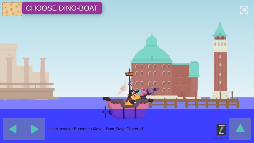 Zapp: dinoPirates(blue)+choose 2boats, and move <arrows> +jump (noShooting) | ZIM JavaScript Canvas Framework - Code Creativity