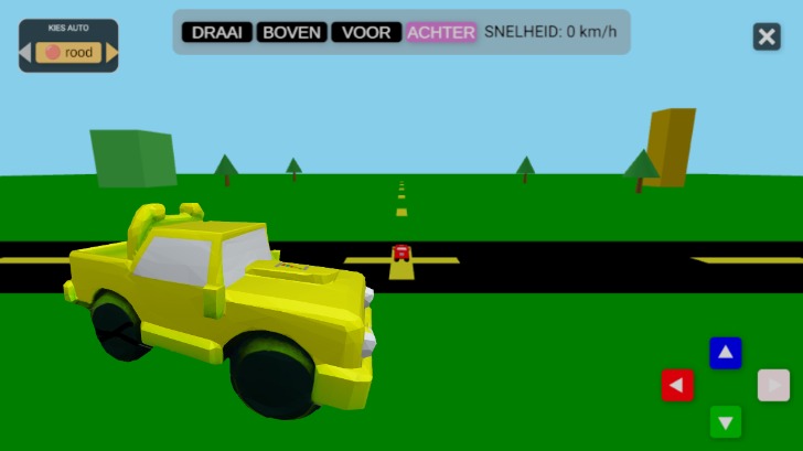 Zapp: 3D auto: met 1 rechte straat en gele streeplijnen + enkele bomen+keuze car  | ZIM JavaScript Canvas Framework - Code Creativity