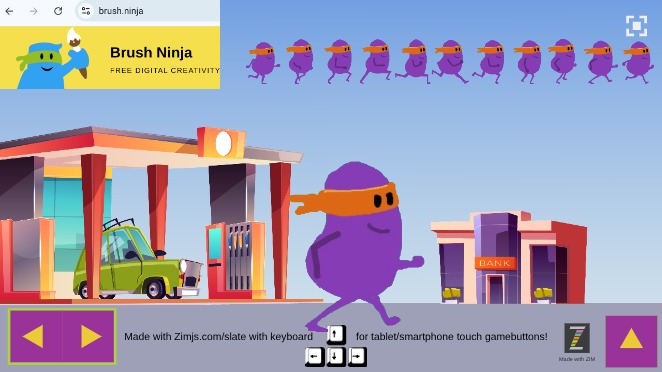 Zapp: ninja/walk new Sprite(.png) pijltje <> (scroller) met info brush.ninja + sprite | ZIM JavaScript Canvas Framework - Code Creativity