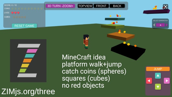 Zapp: Minecraft(a-r) platform GAME (keys+touchpanel) GRASS 'you collected' | ZIM JavaScript Canvas Framework - Code Creativity