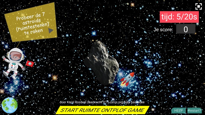 Zapp: Ontplof ronddraaiende asteroids (ruimtestenen)+custom cursor()+scroller() | ZIM JavaScript Canvas Framework - Code Creativity