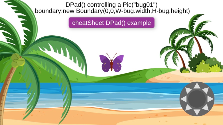 Zapp: DPad can move a Pic(bug01) in Stage boundary W-bug.width, H-bug.height | ZIM JavaScript Canvas Framework - Code Creativity