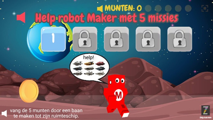 Zapp: RobotMaker:5Missies: bouw de baan en wandel naar ruimteschipMunt(Sprite) | ZIM JavaScript Canvas Framework - Code Creativity