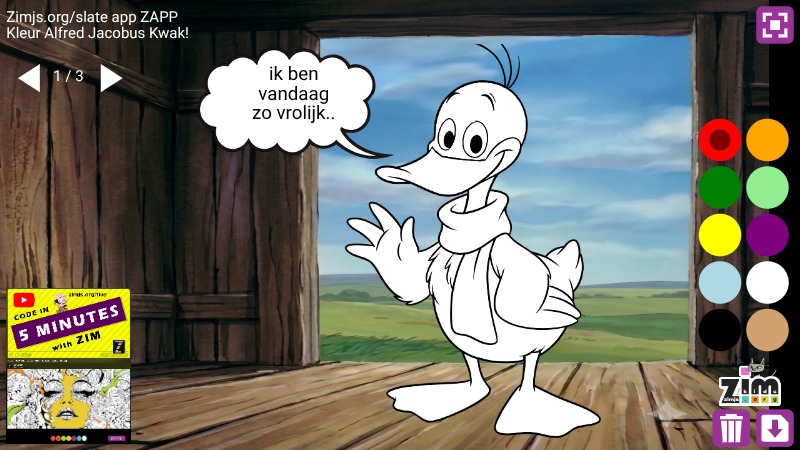 Zapp: Inkleuren vul 3 afbeeldingen eend Kwak +download (kleuren opgeslagen) | ZIM JavaScript Canvas Framework - Code Creativity