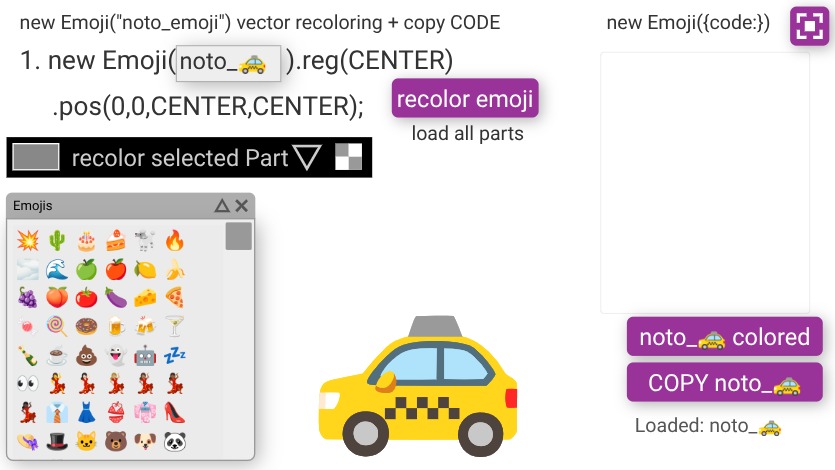 Zapp: Emoji(noto_emoji) click+recolor part + COPY noto_emoji code + choose | ZIM JavaScript Canvas Framework - Code Creativity