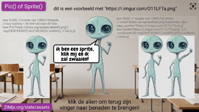 Zapp: Pic(ai_alien03.png) or Sprite(imgur) hand omhoog: in klas+textArea (if..else) | ZIM JavaScript Canvas Framework - Code Creativity