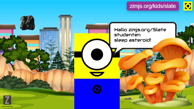 Zapp: minion 2D Stuart: backing+rectangle+circle+ballon+label+fonts.google gf_ | ZIM JavaScript Canvas Framework - Code Creativity