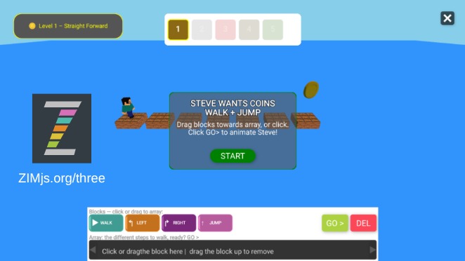 Zapp: Steve GAME:Ocean: 5 levels: BLOCKS walk-turn-jump towards 3D coin | ZIM JavaScript Canvas Framework - Code Creativity