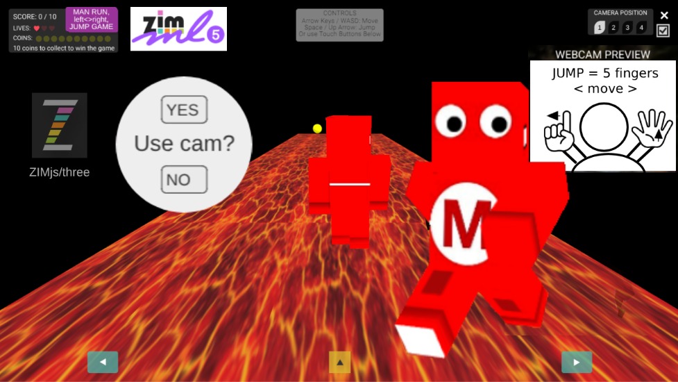 Zapp: LAVAgame MAN: catch coins, jump : redPic LAVA (key+touch+camML5) EN | ZIM JavaScript Canvas Framework - Code Creativity