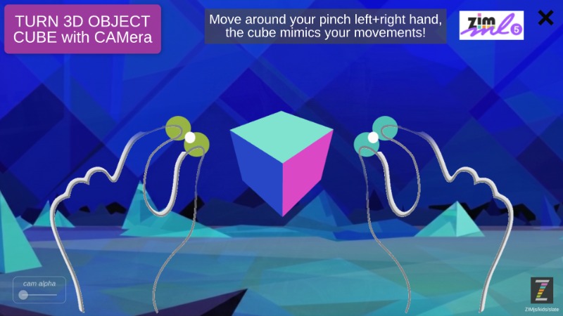 Zapp: PINCH to turn cube (idea Tyncker+ zimjs.com/ml5/pinch) | ZIM JavaScript Canvas Framework - Code Creativity