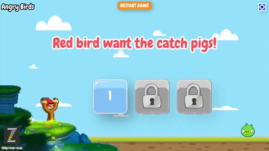 Zapp: AngryBirds : redBrid: 3 missions: hit 3 pigs (indicator+1920x1080) EN | ZIM JavaScript Canvas Framework - Code Creativity