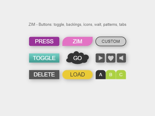 Zapp: <span style=color:#995599>Demo</span><br>Different Types of Buttons | ZIM JavaScript Canvas Framework - Code Creativity